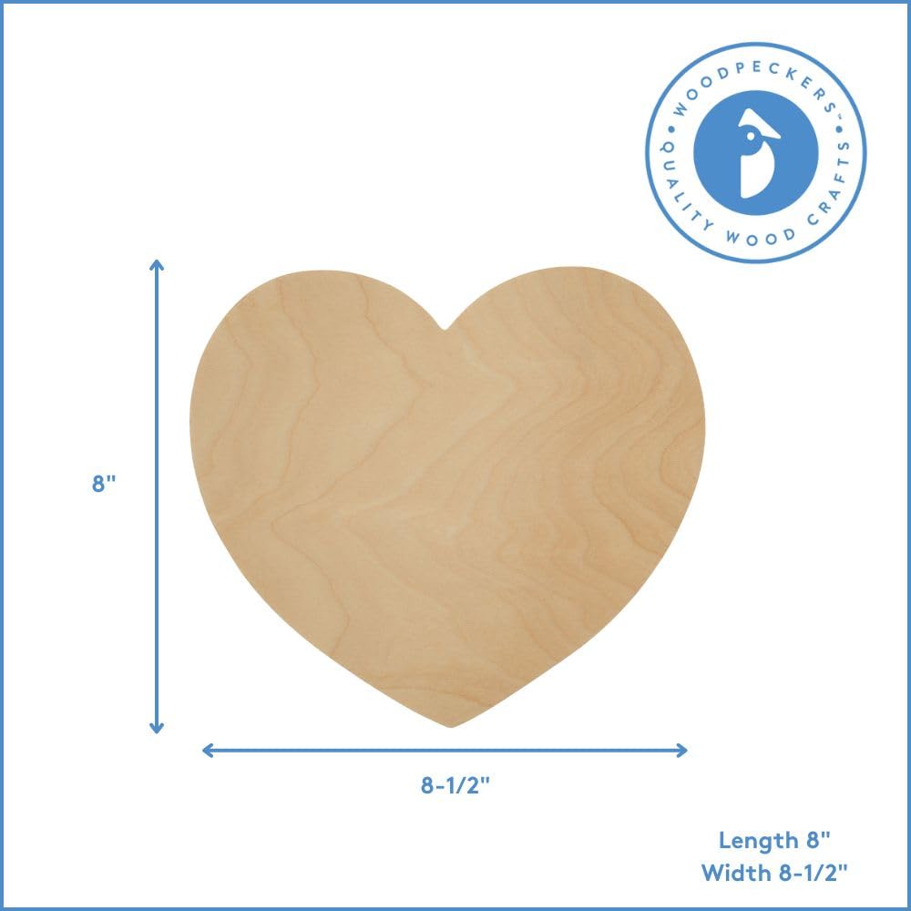 DIY Wooden Heart Cutouts for Crafts 8 inch, 1/8 inch Thick, Pack of 3 Unfinished Shapes for Valentines Day Party Décor, by Woodpeckers