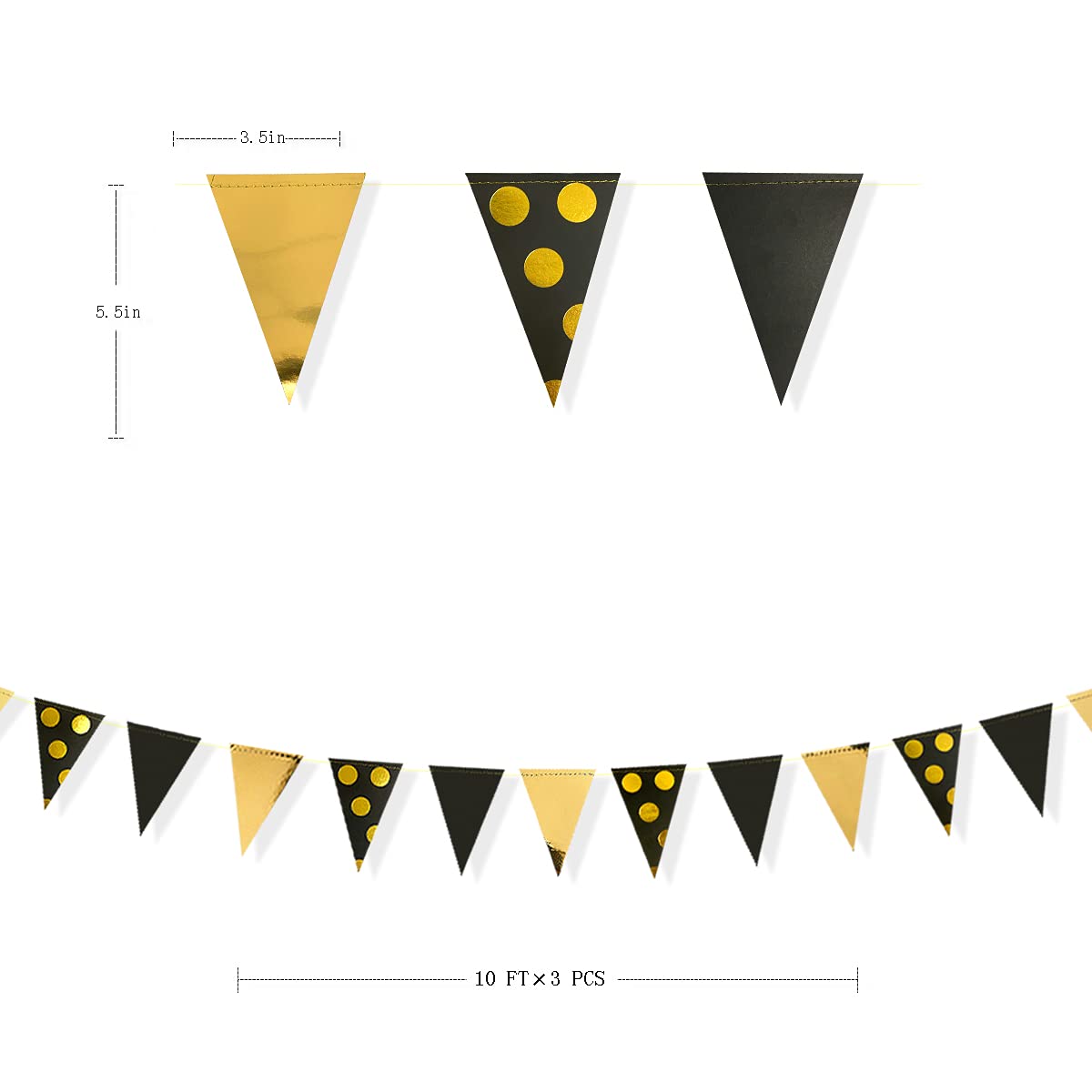 30Ft Black Gold Party Decorations Polka Dot Pennant Banner Paper Circle Dot Triangle Flags Bunting Garland for Wedding Bridal Shower Birthday Bachelorette Engagement Anniversary Holiday Party Supplies