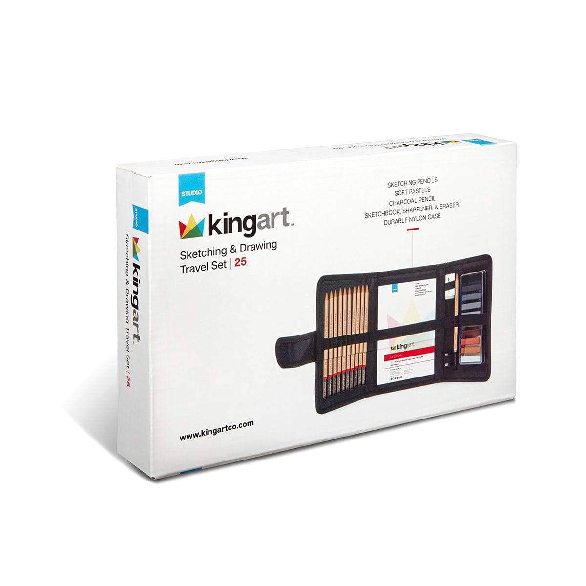 KINGART DRAWING & SKETCHING 25 pc. TRAVEL SET, Graphite, and Charcoal Pencils & Pastels plus Supplies, Art Drawing Kit for Adults, Teens, Beginner to Pro, Ideal for Shading, Blending, 25 pc.