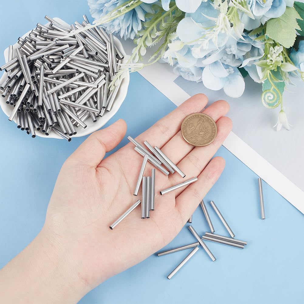 PH PandaHall About 200pcs 30mm Long Stainless Steel Tube Beads Straight Tube Charms Metal Smooth Finding Beads for Jewelry Crafts Making Findings, 2.7mm Hole Stainless Steel Color