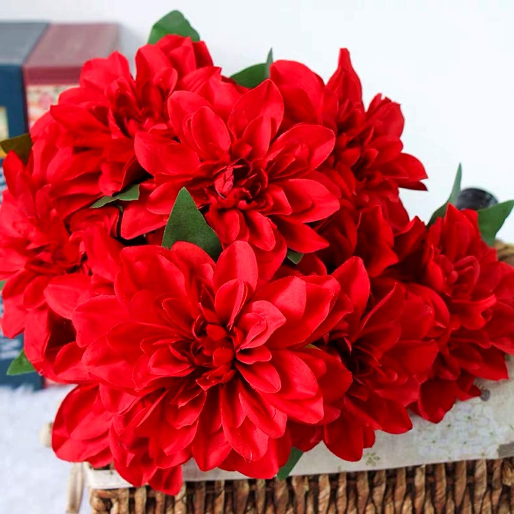 HoYuanFlo 10 Heads Dahlia Fake Flowers Artificial Dahlia Flowers Faux Flowers for Home Wedding Party Office Supplies (Red)