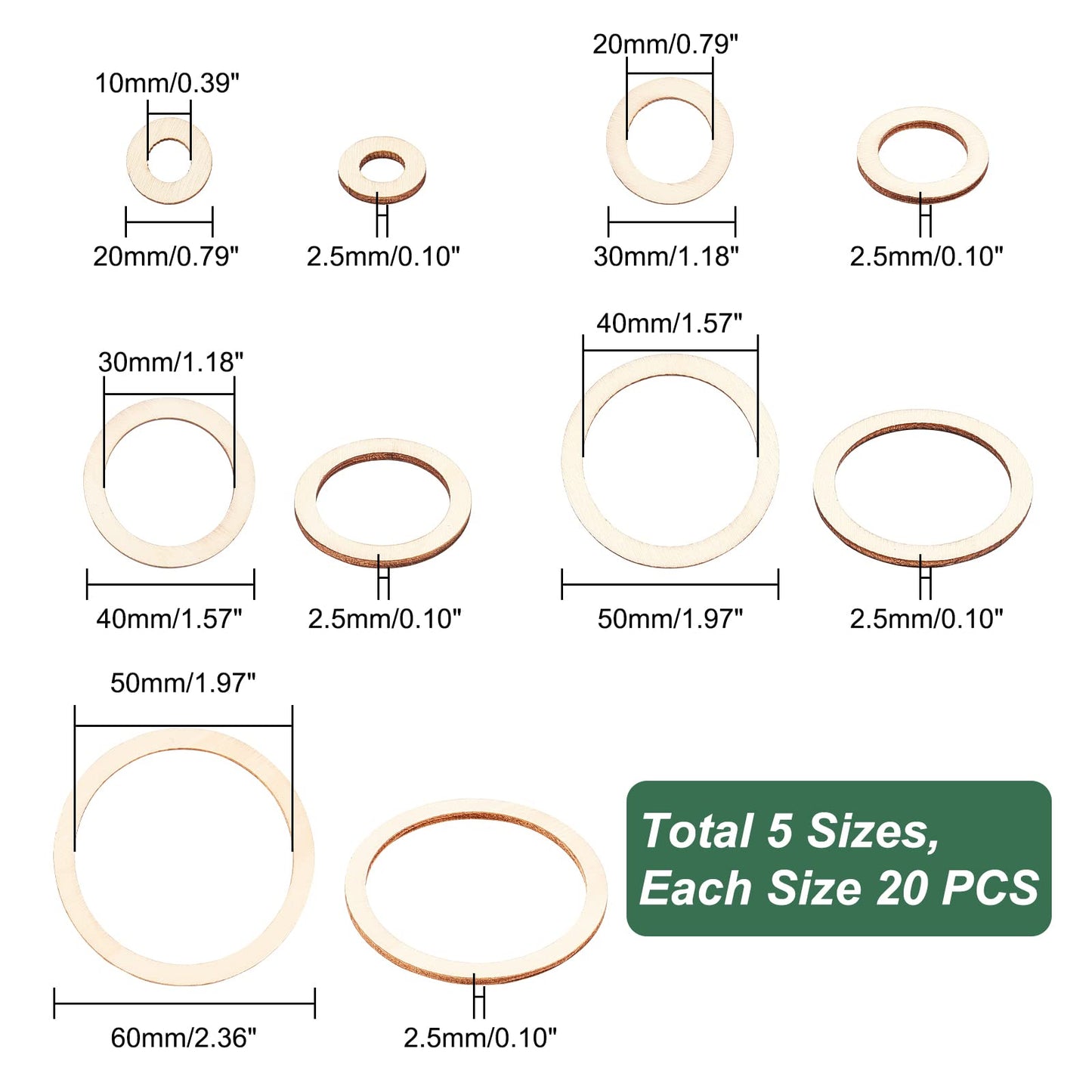 AHANDMAKER 100 Pcs Natural Wood Rings, 5 Size Unfinished Wooden Circles Ornaments Blank Wooden Slices Linking Ring Pendants for DIY Earring Making Home Decor,10/20/30/40/50mm