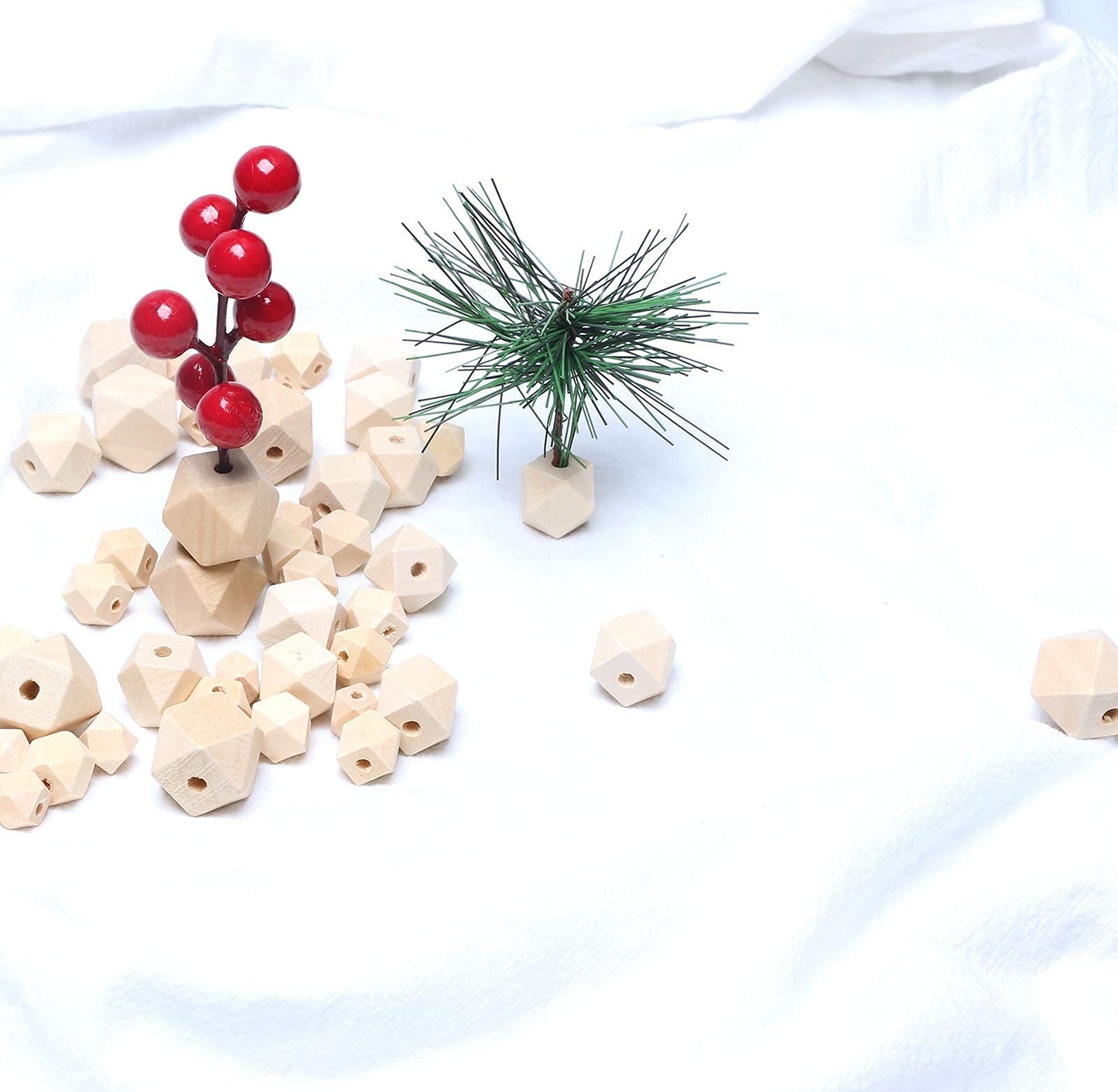 100Pcs Natural Geometric Polygon Wood Beads, Unfinished Wooden Loose Spacer Beads for Bead Crafts Making Home Farmhouse Decoration 4 Sizes (10mm 12mm 16mm 20mm)