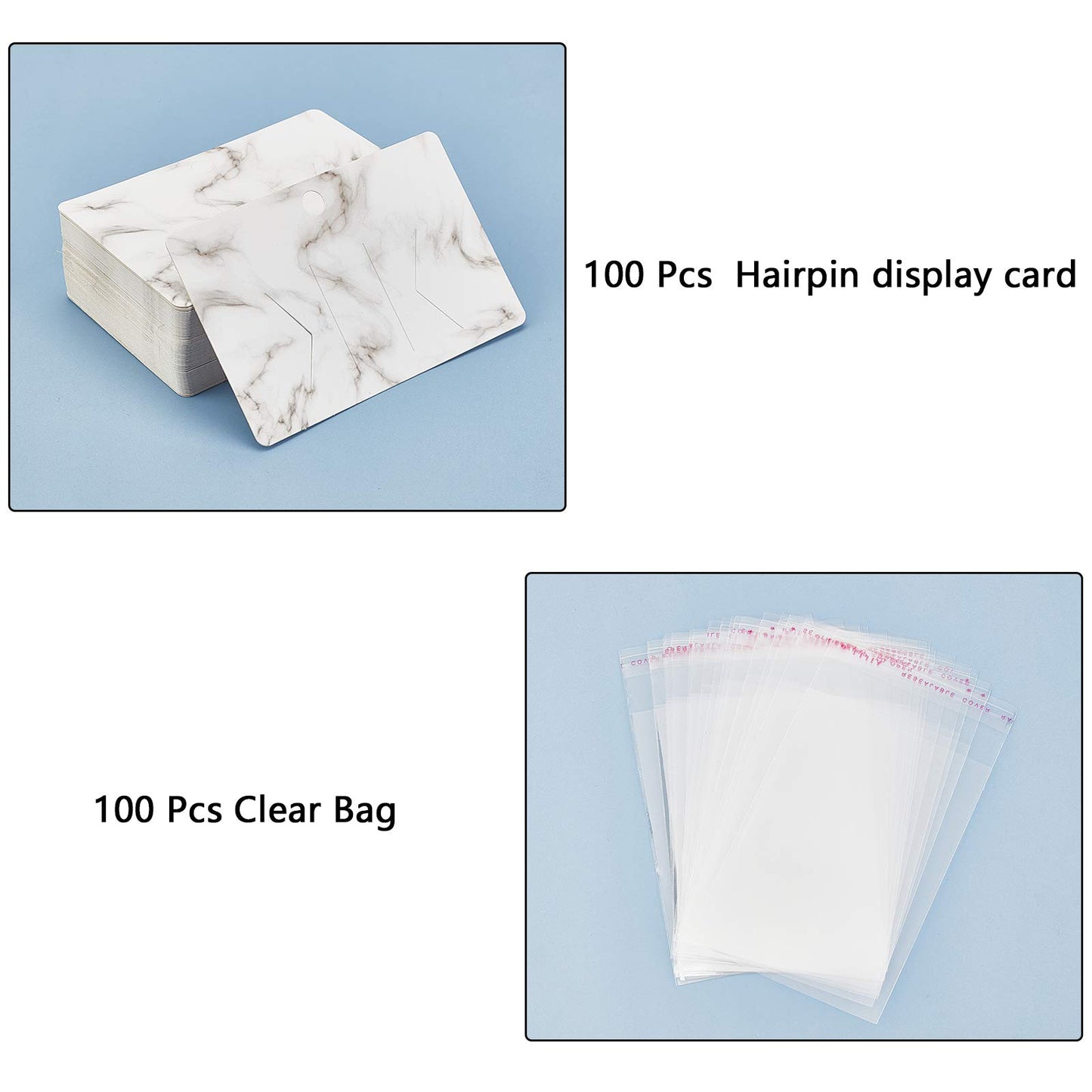 PH PandaHall 100pcs Hair Bow Holder, Marble Pattern Hair Clip Display Cards 3.9x2.5” Rectangular Cardboard Hair Clip Hanger with 100pcs OPP Bags for Jewelry Hair Accessory Selling Small Business
