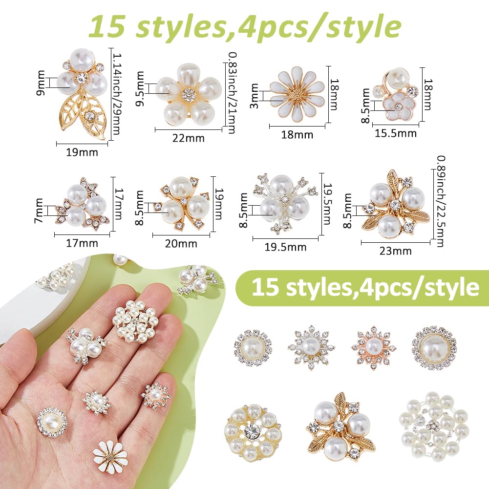 SUPERFINDINGS 60Pcs 15 Styles Rhinestone Buttons White Faux Pearl Buttons Flower Button Embellishments Craft Flat Back Rhinestone Embellishments for Sewing DIY Wedding Clothes Bags Shoes Decorations