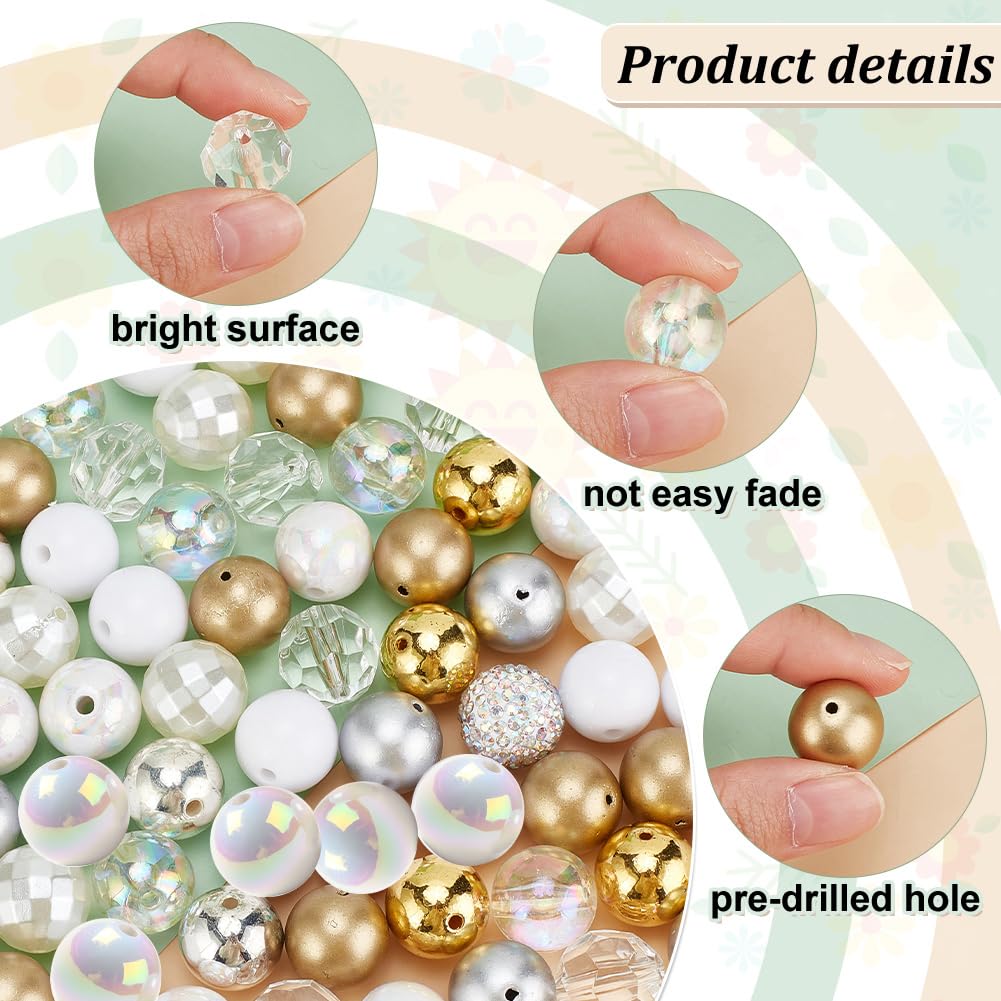 PH PandaHall 102PCS Crystal Bubblegum Beads, 16mm Clear Silver Gold Chunk Bead Acrylic Large Rhinestone Pearl Beads Shiny Round Focal Spacer Bead for Necklace Key Chain Bag