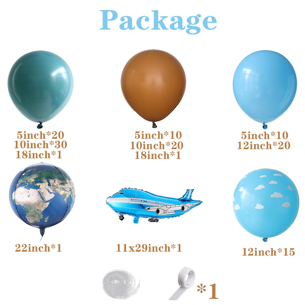 PageebO Travel Themed Party Balloon Arch Kit 131pcs Dusty Blue Coffee Balloon with Globe Plane Aluminium Balloon for Time Flies 1st Birthday Party Retirement Farewell Party Decorations