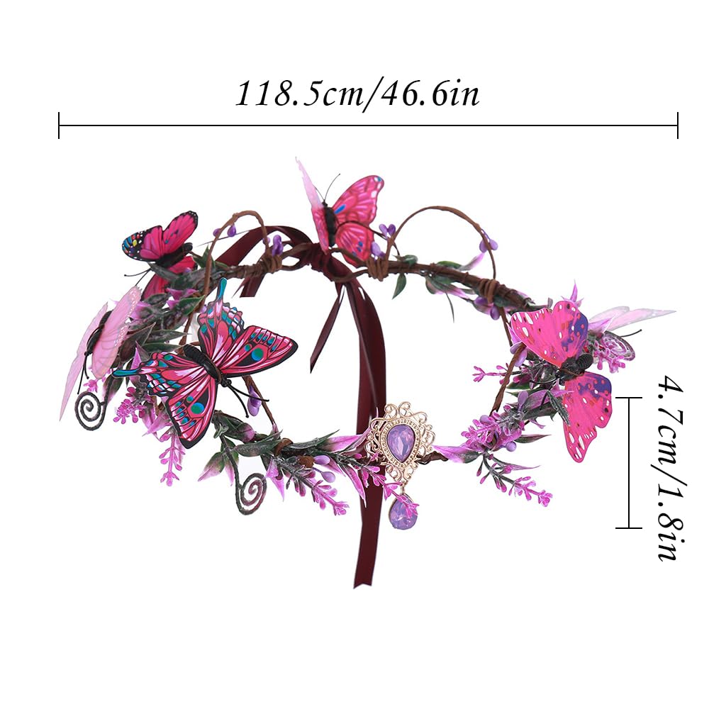 Flower Crown for Women, Adjustable Hair Accessories Butterfly Floral Crown with Crystal Rhinestone Headpiece Handmade Hairbands Floral Crown for Girls (Purple, Adjustable)