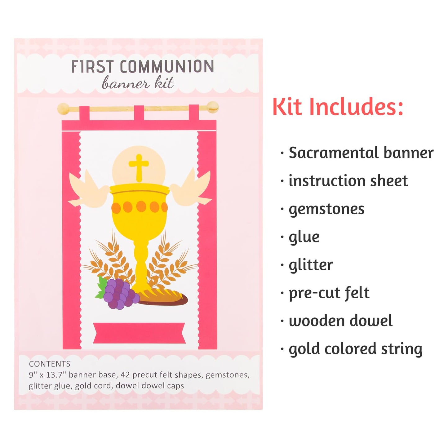 First Communion Banner Kit Girls 9 x 14 Inch First Holy Communion Banner kits Sunday School DIY Arts and Crafts kit for kids First Communion Gifts for Girls or Boys (Pink)