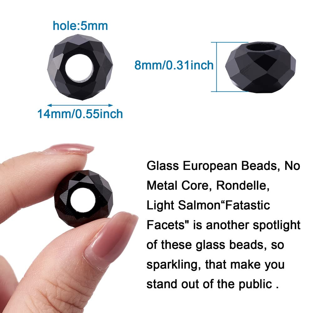 Cheriswelry 100pcs Black Faceted Glass Beads No Metal Core Rondelle European Large Hole Beads Loose Spacer Beads Slide Charms 14x8mm for DIY Snake Chains Macrame Bracelet Jewelry Making