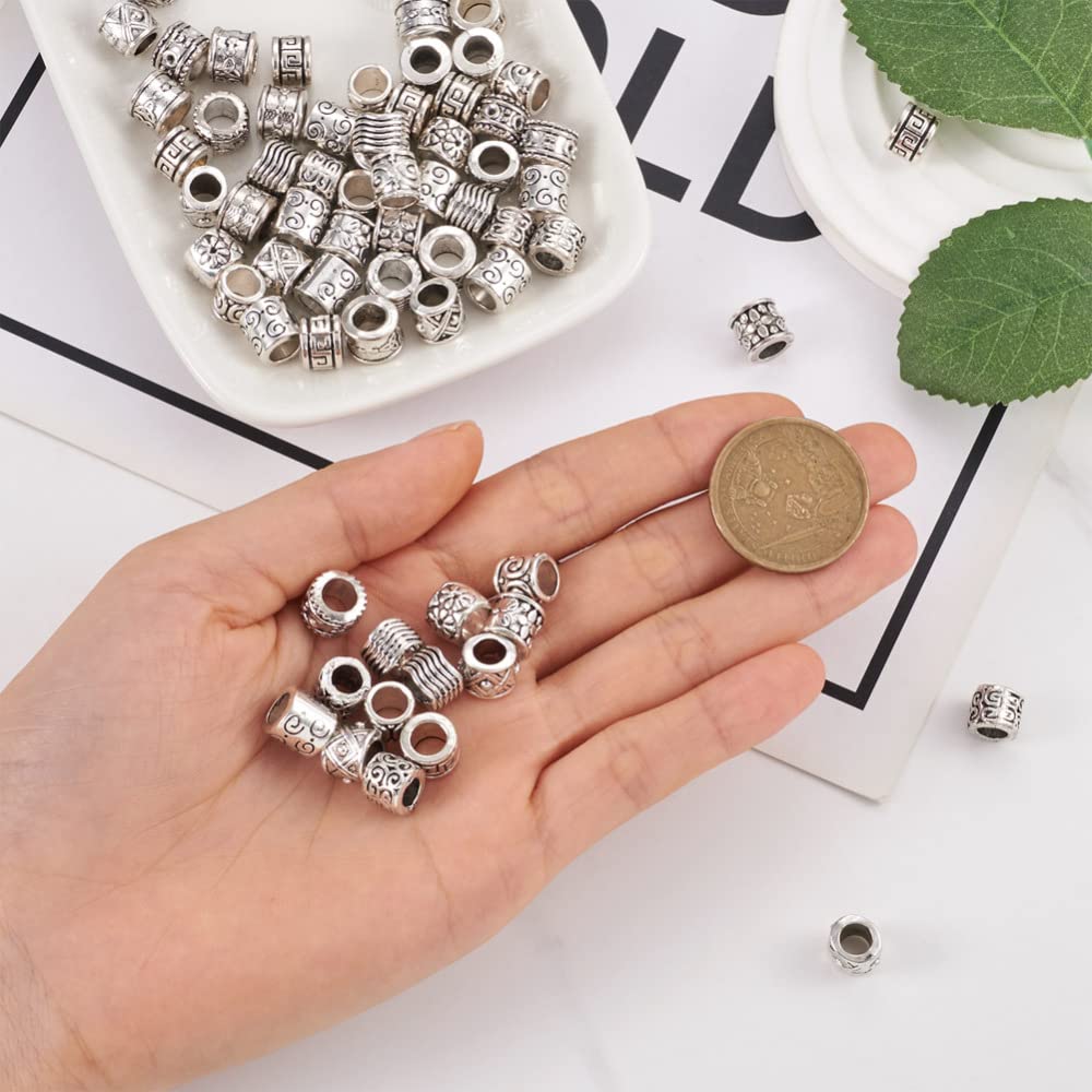 Cheriswelry 100Pcs Alloy Large Hole Spacer Beads Tibetan Column Beads Antique Silver European Beads Metal Spacers 8-10mm for Hair Crafts DIY Snake Chain Bracelet Jewelry Making Supplies