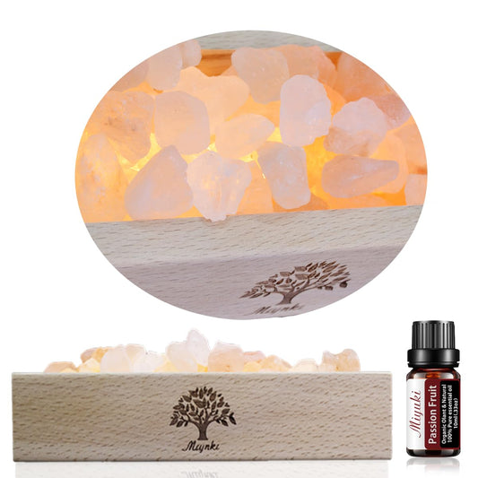 mlynkl Himalayan Pink Salt Lamp Diffuser with Wood Base - 300g Natural Salt, USB Powered, Warm Light & 10ml Passion Fruit Essential Oil Set for Aroma, Relaxation, Meditation, Home Decor, Gifts