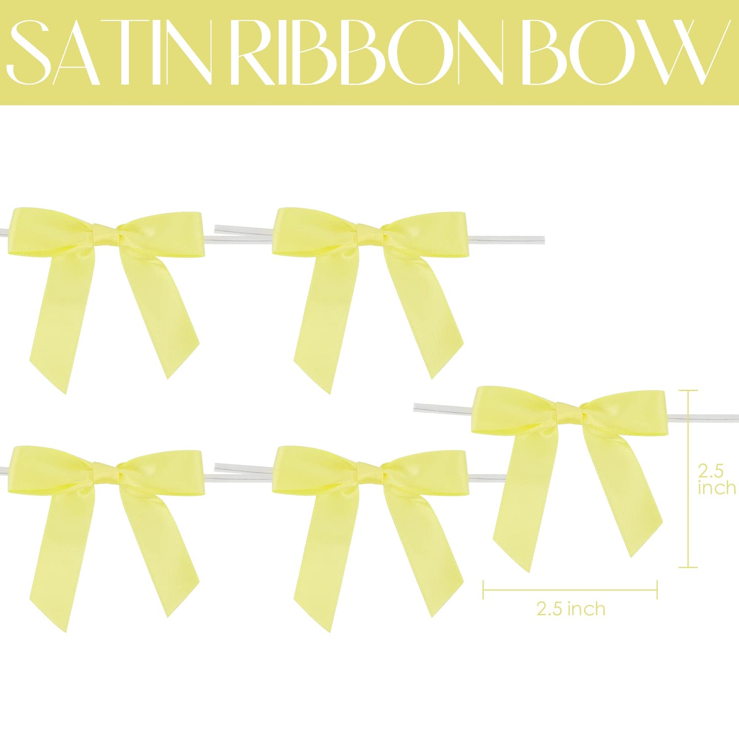 AIMUDI Yellow Bows 2.5" Satin Bows with Twist Tie Premade Craft Bows for Treat Bags Cake Pop Gift Wrapping Basket Wedding Favors Cookie Candy Bagging Baby Shower - 50 Counts