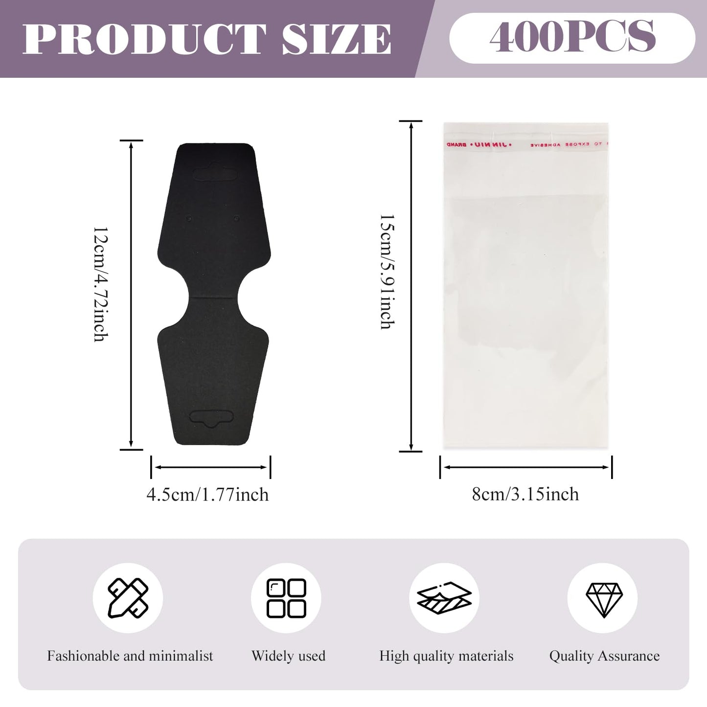 400pcs Jewelry Display Cards with Adhesive,1.7*4.7inch Necklace Display Kraft Cards with 400pcs Packaging Bags Jewelry Holder Cards Hanging for Earring Hair Band Keychain Scrunchies (400PCSBlack)