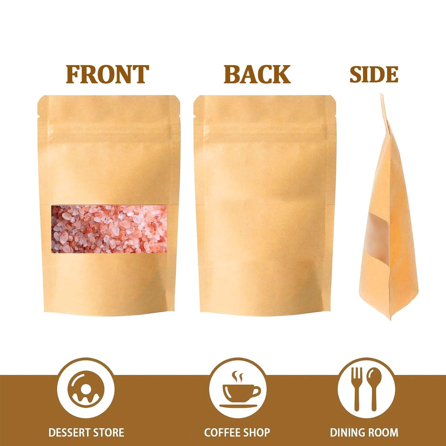 Kraft Paper Bags with Window 100 Pack - Resealable Food Grade Brown Pouches, 5.5x7.9 Inch Eco-Friendly Stand Up Packaging Bags for Coffee, Bakeries, Retail Displays & Small Business Storage