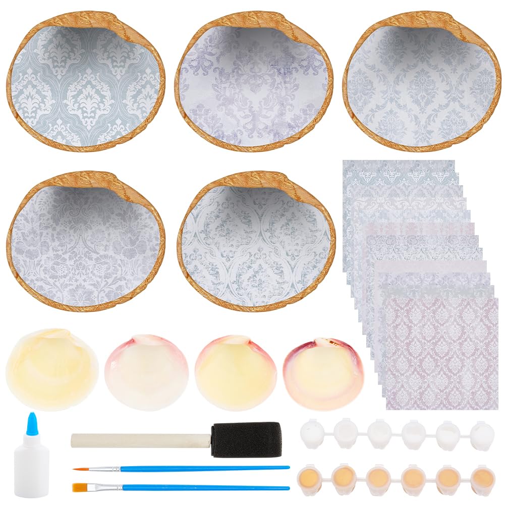 WEBEEDY 5 Sets Oyster Shell Jewelry Dish Kit Ring Holder Tray Trinket Dish with Decoupage Paper Jewelry Organizing Tray Adults Craft Kit for Earrings Rings Bracelet Necklace Storage