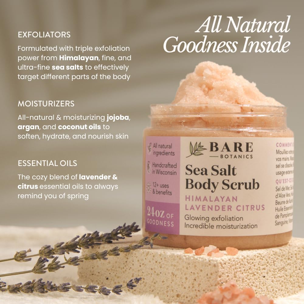 Bare Botanics Body Scrub 24 oz - Naturally Scented Salt Scrub Made in Madison WI - Formulated w/Skin Loving Moisturizers - Cruelty Free Exfoliator w/a Cute Wooden Spoon - Himalayan Lavender Citrus