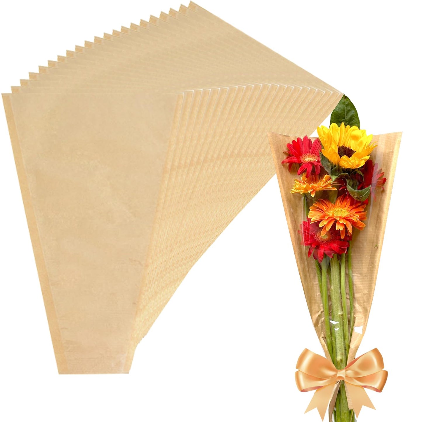 MYGOGOART 50 Pcs Flower Bouquet Wrapping Paper Flower Bags Sleeves for Bouquets Kraft Paper Floral Wrap Bags Flower Bouquet Supplies(9.4 x 17.7 x 3.5 inches)