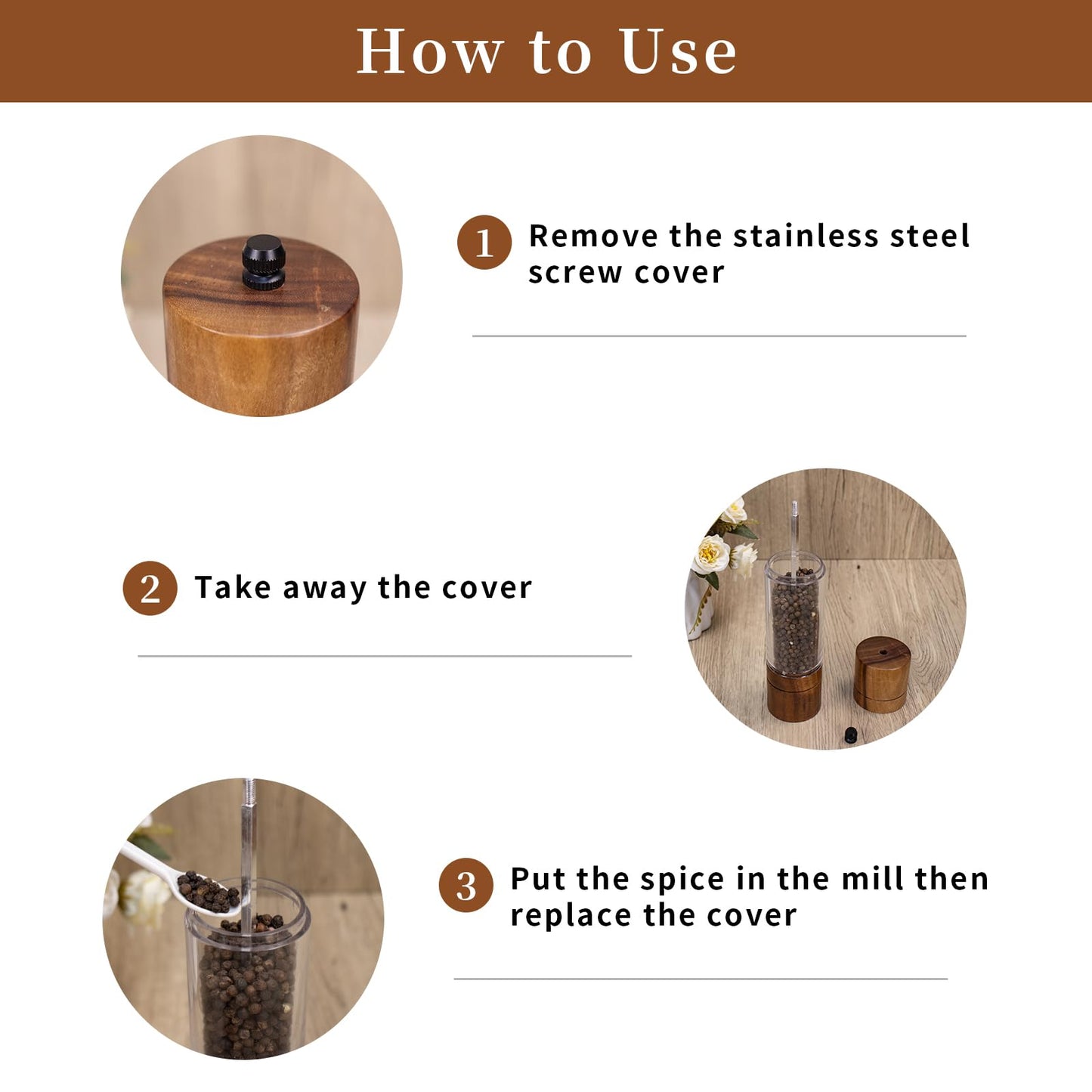 XWXO Acacia Wood Salt Grinder and Pepper Grinder Set Premium Acrylic Salt and Pepper Mill Set, Manual Salt and Pepper Mills- Wooden Shakers with Adjustable Ceramic Core 8 Inches 2 Pack