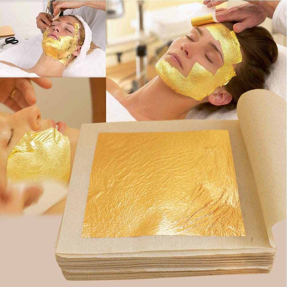 Gold Leaf 10 pcs Gold Vark Sheets Pure Foil Leaf 24K Baking Cakes,Sweets,halwa,madicine,Food for Anti-Aging Facial Spa Art Craft Gilding (Gold 3x2inches) 10 .Pcs