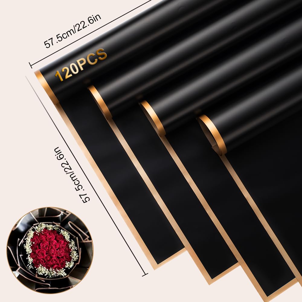 FVSEC 440 Sheet Flower Wrapping Paper Floral Bouquet Paper With Gold Edge Korean Wrapping Paper for Florist Supplies DIY Gift Wedding Anniversary, 23 x 23 Inch (Black)