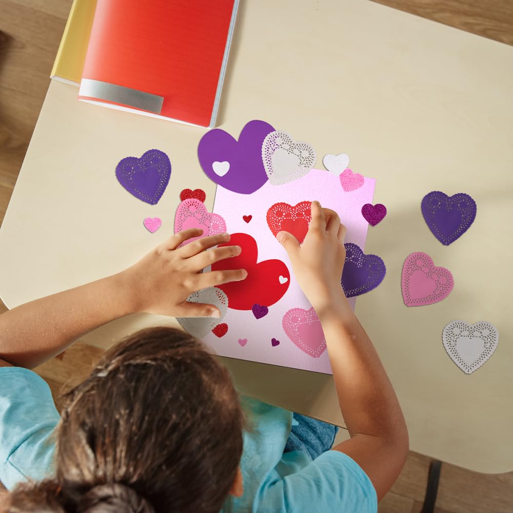 ArtCreativity 126+ Pcs Valentine's Day Heart Doilies Card Crafts for Kids - Valentine Day Crafts for Classroom Parties - Valentines Craft Supplies Kits with Heart Doilies and Glitter Foam Stickers