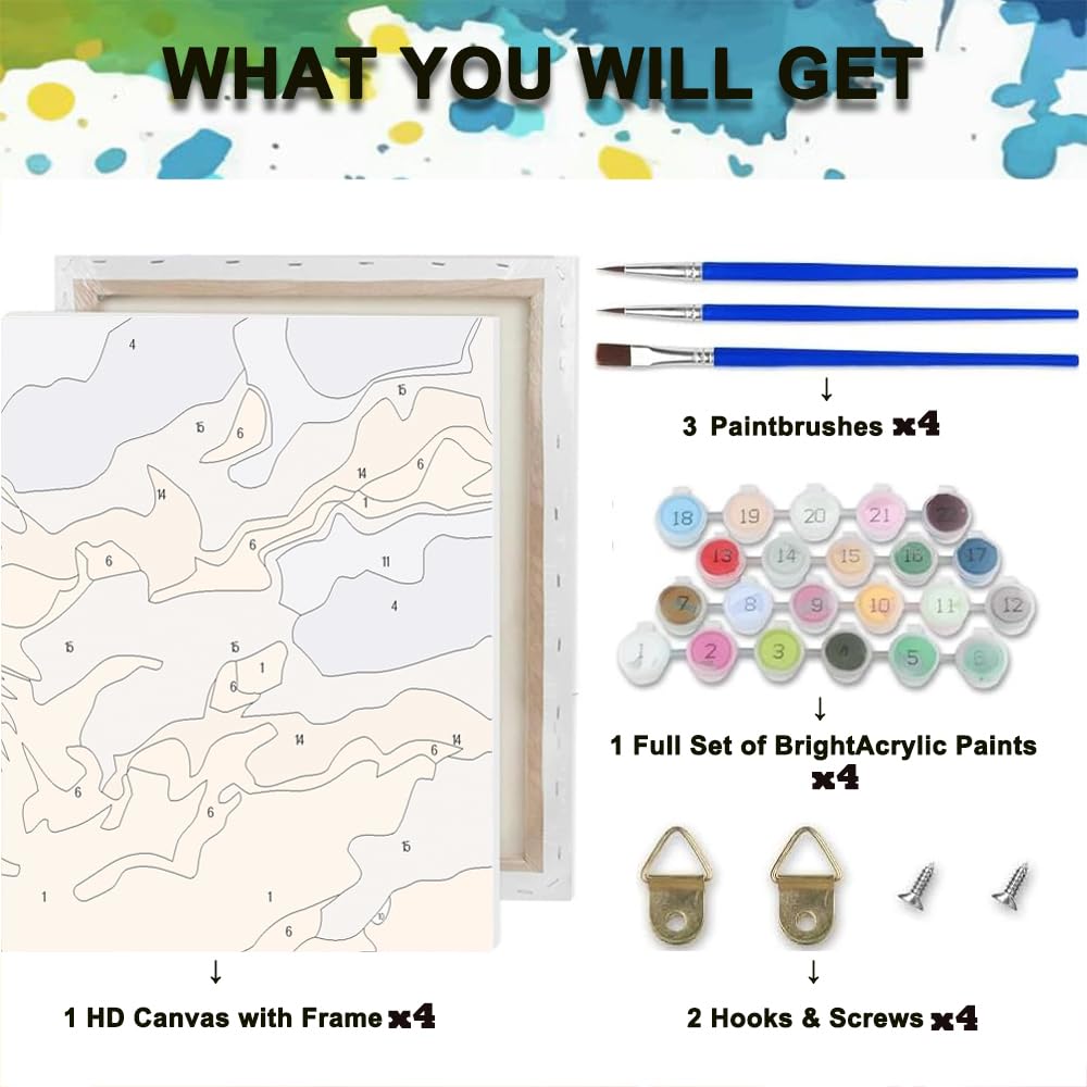 VIGEGU 4 Pack Paint by Numbers Kit for Adults Beginner with Frame Retro Floral,Paint by Numbers Oil Painting DIY Crafts for Adults Home Wall Decor 9.5x11.8inch