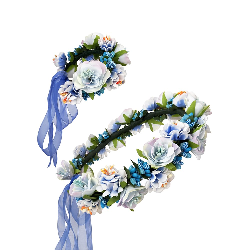 Klazelle Floral Crown Headband and Wrist Corsage Set, Flower Hair Wreath with Ribbon for Weddings and Festivals (blue)