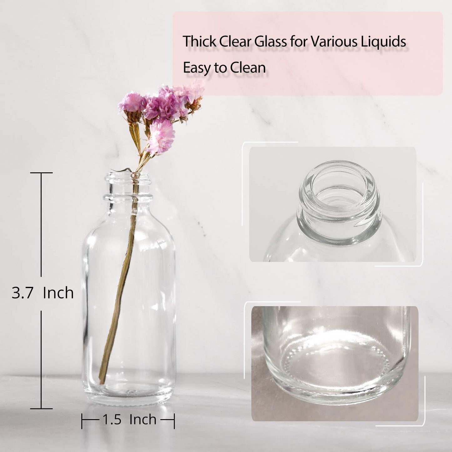 18 Pack, 2 oz Small Clear Glass Bottles w/ Lid & 4 Stainless Steel Funnels - 60ml Boston Sample Bottles - Mini Travel Essential or Decorative Bottles for Potion, Juice, Wellness, Ginger Shots, Whiskey