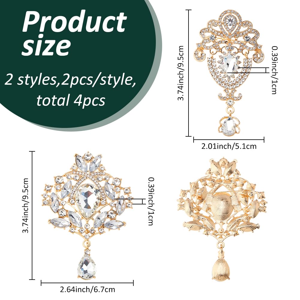 SUPERFINDINGS 4Pcs 2 Styles Alloy Rhinestone Brooches Rhinestone Teardrop Flower Brooch Pin Vintage Rhinestones Brooch Pin for Women DIY Bridal Wedding Bouquet Kit