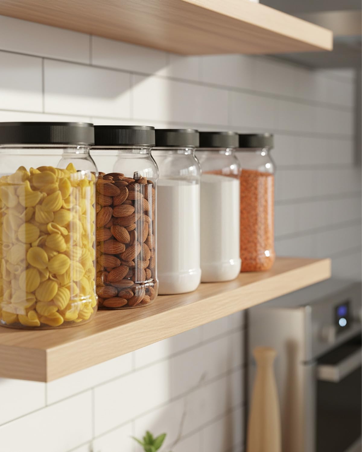 Rocutus Plastic Storage Jars with Black Lids, Wide Mouth Clear Containers for Dry Food, Craft Supplies, Honey, Jam, Peanut Butter, Airtight Food Canisters, 9 Pack 32 OZ (Black Cap)