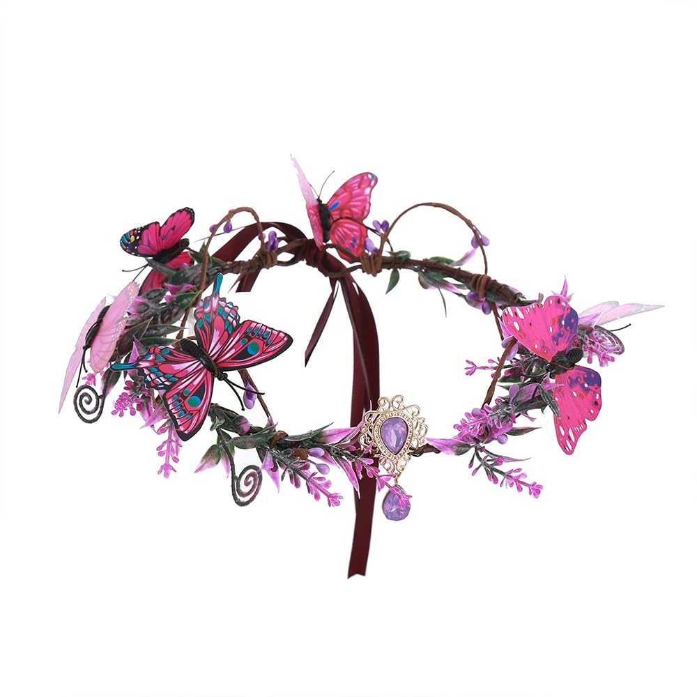 Flower Crown for Women, Adjustable Hair Accessories Butterfly Floral Crown with Crystal Rhinestone Headpiece Handmade Hairbands Floral Crown for Girls (Purple, Adjustable)