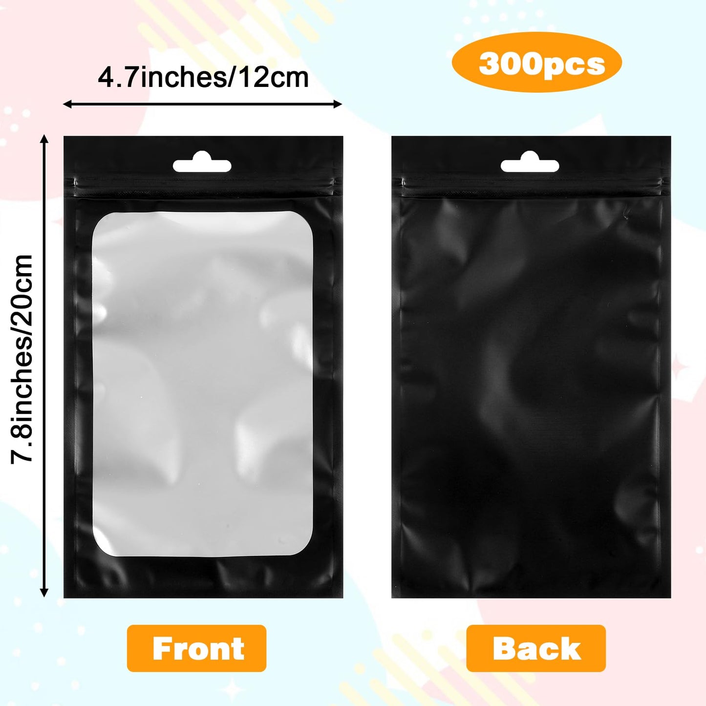 300 Pcs Smell Proof Resealable Bags, Aluminum Foil Pouch with Clear Window 4.7 x 7.8 Inch Black for Food Storage Small Business Jewelry Gift Packaging