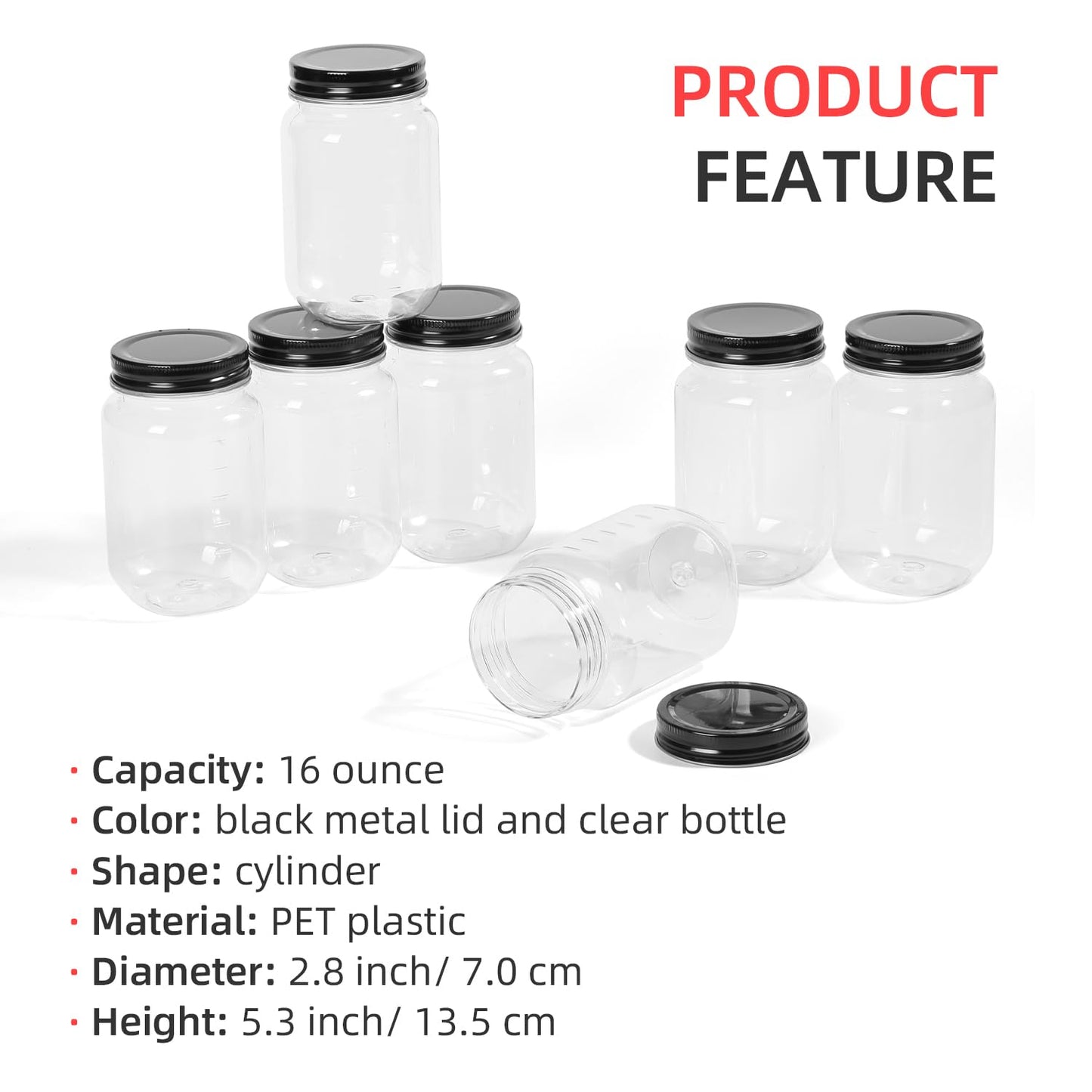 OMNISAFE 16 Ounce Clear Plastic Mason Jars With Screw On Lid, Reusable Empty Jars for Food Storage, Round BPA Free Containers for Sealing, Dry Food, Snacks, Candies, Breakage-proof, (Black - 20 Pack)