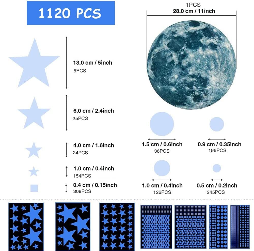 1120 Pcs Glow in The Dark Stars for Ceiling, Glowing Space and Moon Decals Universe Stickers for Kids Excellent Gifts for Boys Girls Nursery Bedroom Living Room Birthday Gift Room Decor