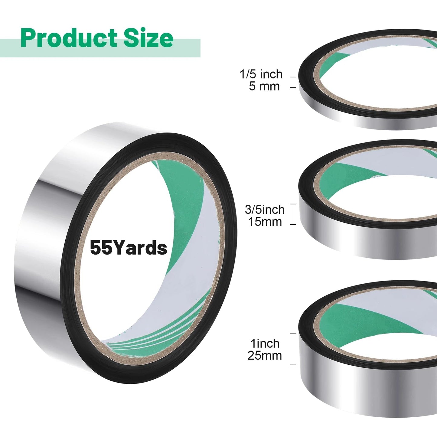 Zonon 3 Sizes Laser Silver Self Adhesive Polyester Film Tape Washi Tape for Car Furniture Graphic Arts Walls Decor, 55 yds(5/15/25mm)
