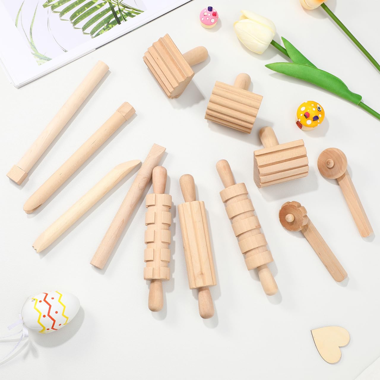 Kisangel Wooden Play Dough Tools Set of 12 for Kids - Pottery Texture Rollers & Clay Stamps - Natural Wood Sculpting & Molding Toys for Toddlers Arts and Crafts