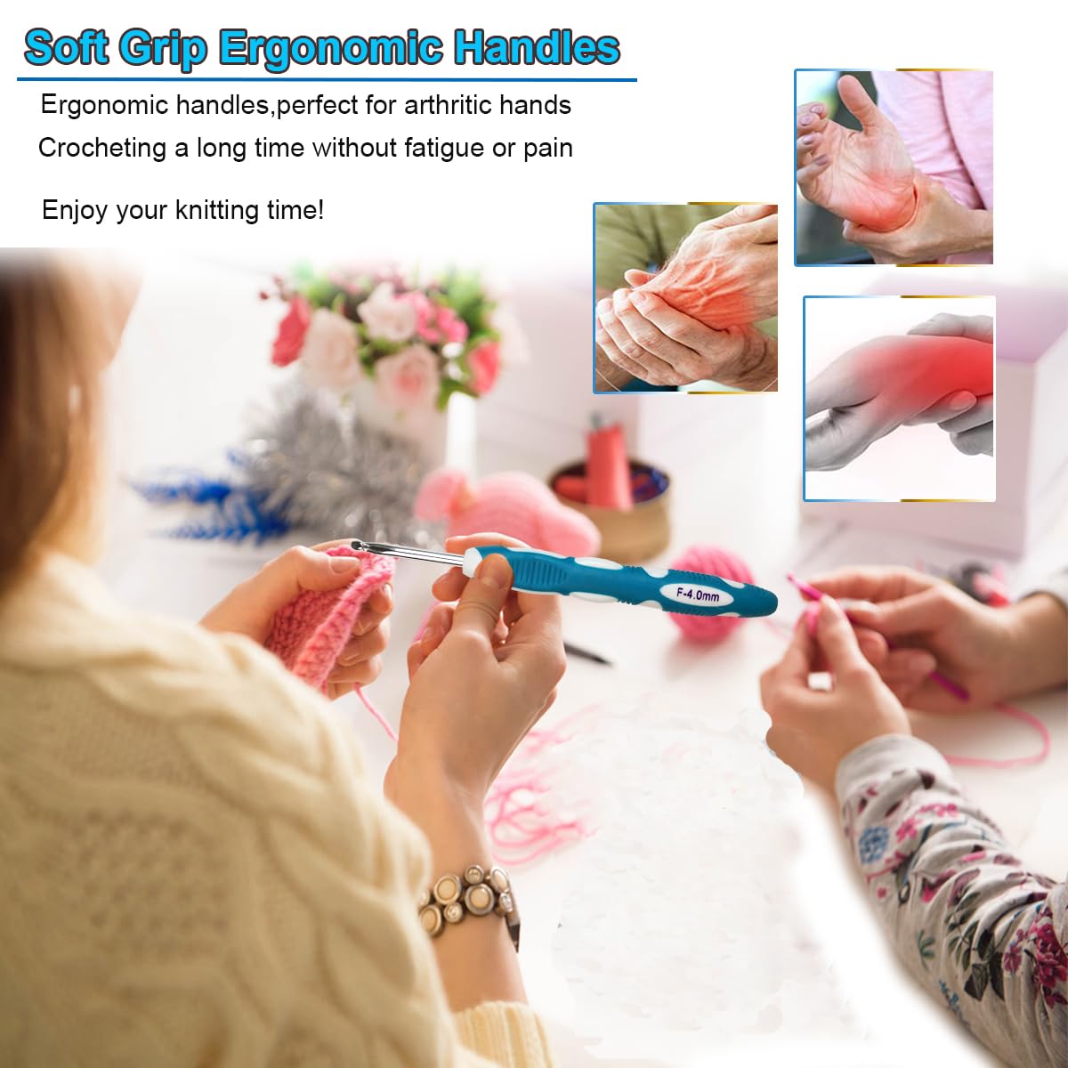 Latest Set of 27 PCS Ergonomic Crochet Hooks Set with Case Extra Long Soft Grip Handles Crochet Hook Needles for Arthritic Hands,Standard US Size B(2MM)-J(6MM)