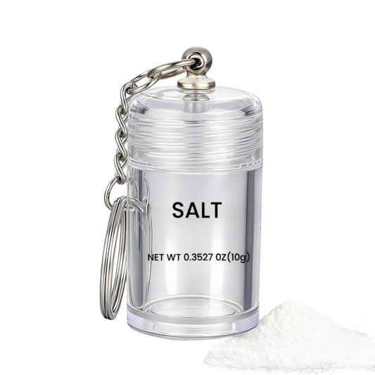 Mini Salt Keychain Bottle – Refillable AS Travel Salt Shaker – Portable Spice Jar with 2 Stickers – Small Key Chain Shaker for Camping, Office, Picnics, Lunchboxes