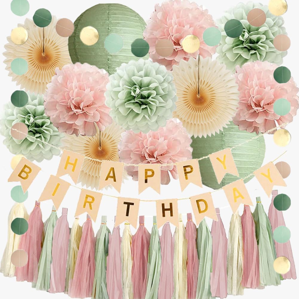 Sage Green Blush Pink Birthday Decorations Boho Pastel Sage Green and Dusty Pink Birthday Decorations for Women Girls Beige Fans with Light Pink Cream Dusty Rose Tassel Garlands Banner Beige and Gold
