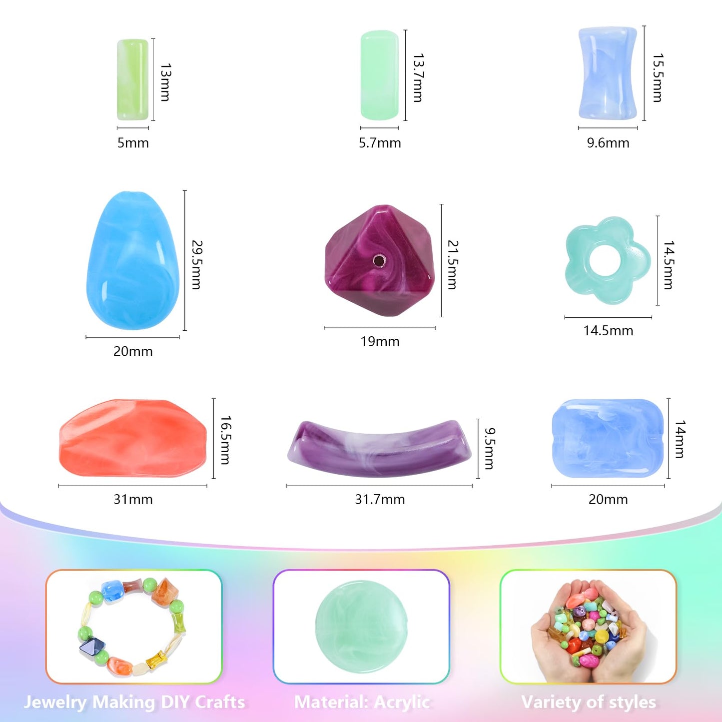 Mixed Bulk Acrylic Beads for Crafts, Large Hole Hair Beads for Jewelry Making, Colorful Unique Shaped Big Beads for Bracelets Earrings Necklace, Macrame Beads with Large Holes, 5-31mm, One Pounds