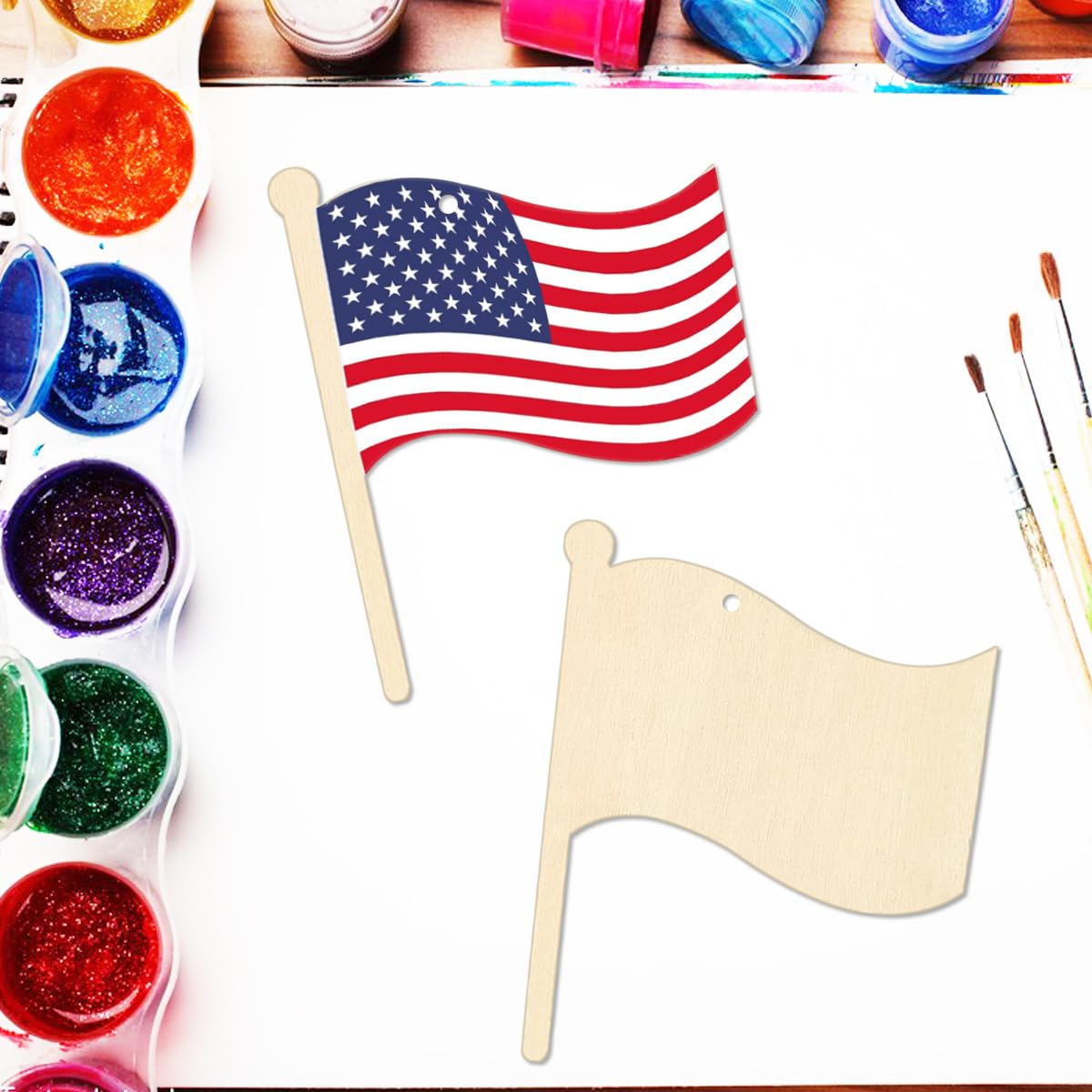 30 Pcs 4 Inch Unfinished Wood Flag Cutouts DIY Crafts Wooden Flag Shaped Hanging Ornaments with Hole Hemp Ropes for Summer and July 4th Decor and Crafting