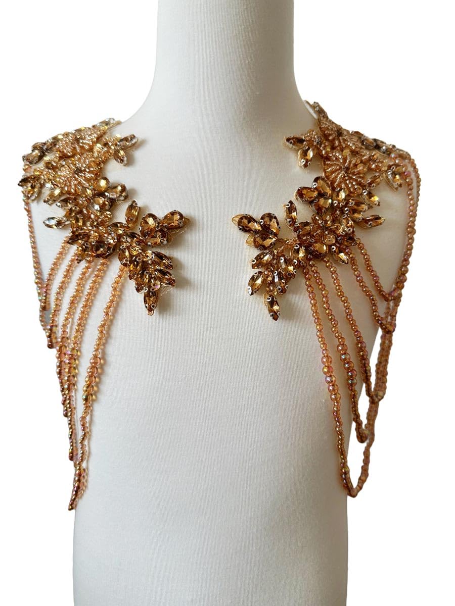 1 Pair Beaded Rhinestones Applique Embellishment for Clothes Epaulettes Shoulder Patches Sew-on Diamond Sequin Tassels Applique for Wedding Dress DIY Accessories 9.8X10.2inches (Champagne)