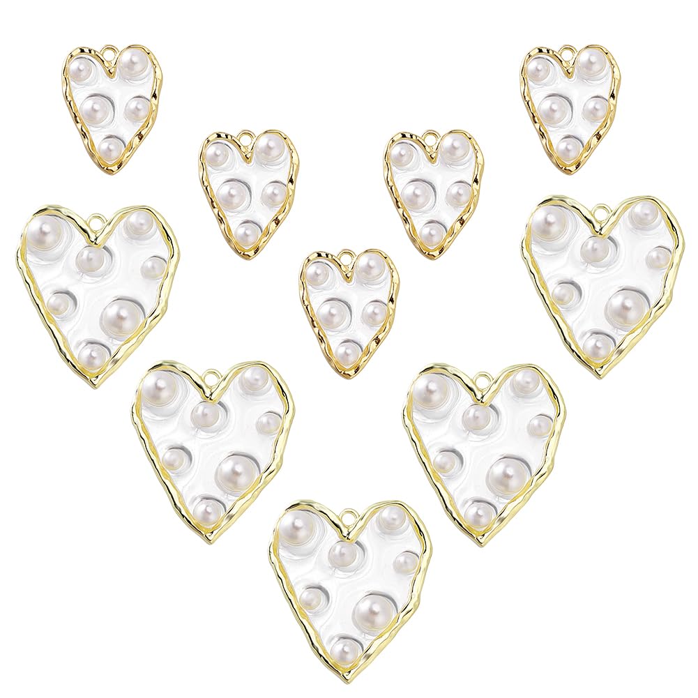 AHANDMAKER 10 Pcs 2 Styles Gold Filled Clear Enamel Heart Pearl Charms Light Gold Edge Plated Pendants Faux Pearl Love Embellishments for Jewellery Making Necklace Bracelet DIY Crafts