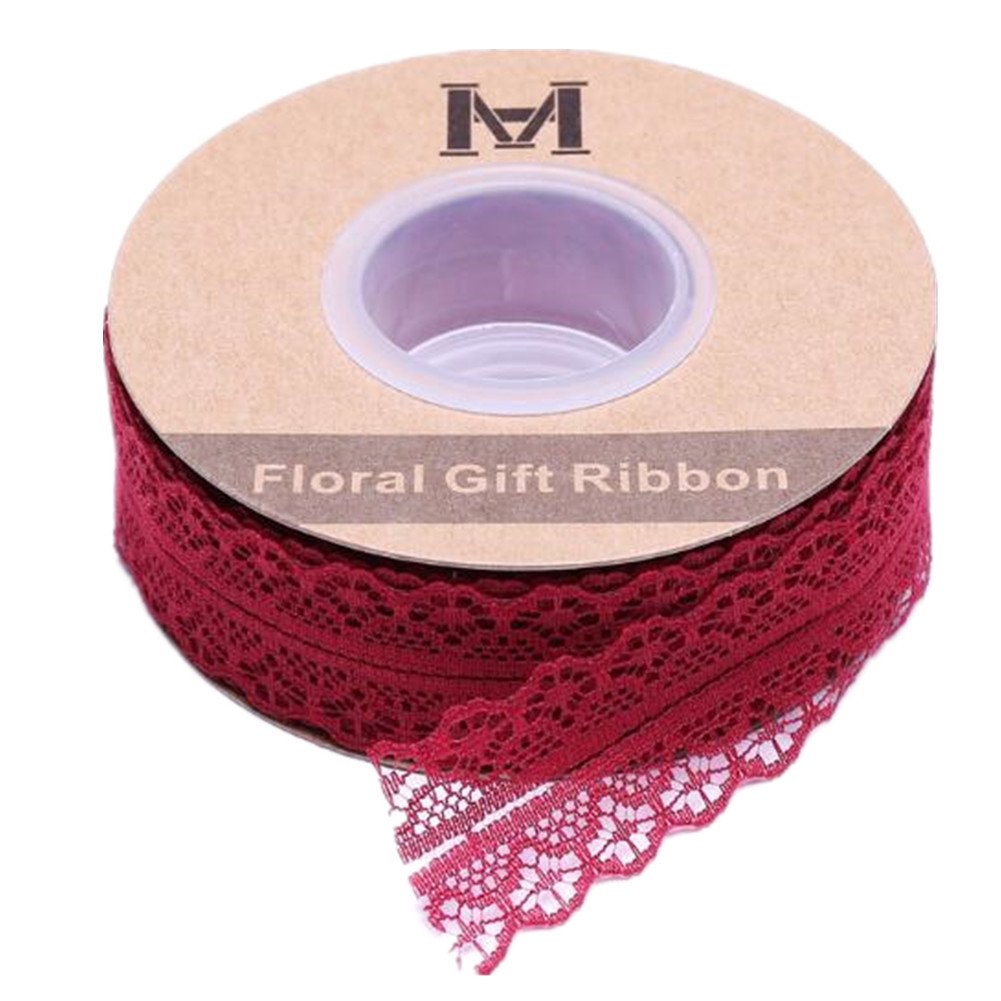 50 Yards Gems Patterned Lace Ribbon Roll Floral Lace Trim Webbing Fabric Embelishment 1 1/8 inch Width for Jewelry Making DIY Craft Gift Wrapping Wedding Party Favours (Burgundy)