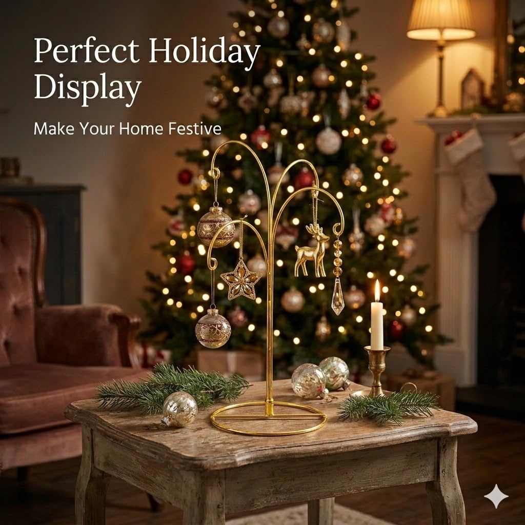 HOHIYA Ornament Display Stand 12 Inch 4-Arm Metal Holder for Christmas Ornaments Glass and Crystal Ball Decorations Art Craft Hanging Hanger Brass Gold 2 Pack