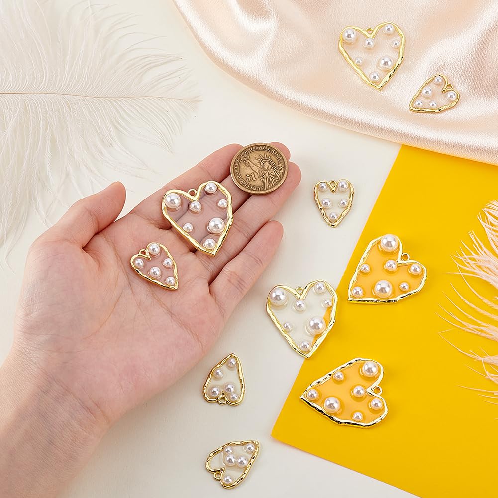 AHANDMAKER 10 Pcs 2 Styles Gold Filled Clear Enamel Heart Pearl Charms Light Gold Edge Plated Pendants Faux Pearl Love Embellishments for Jewellery Making Necklace Bracelet DIY Crafts