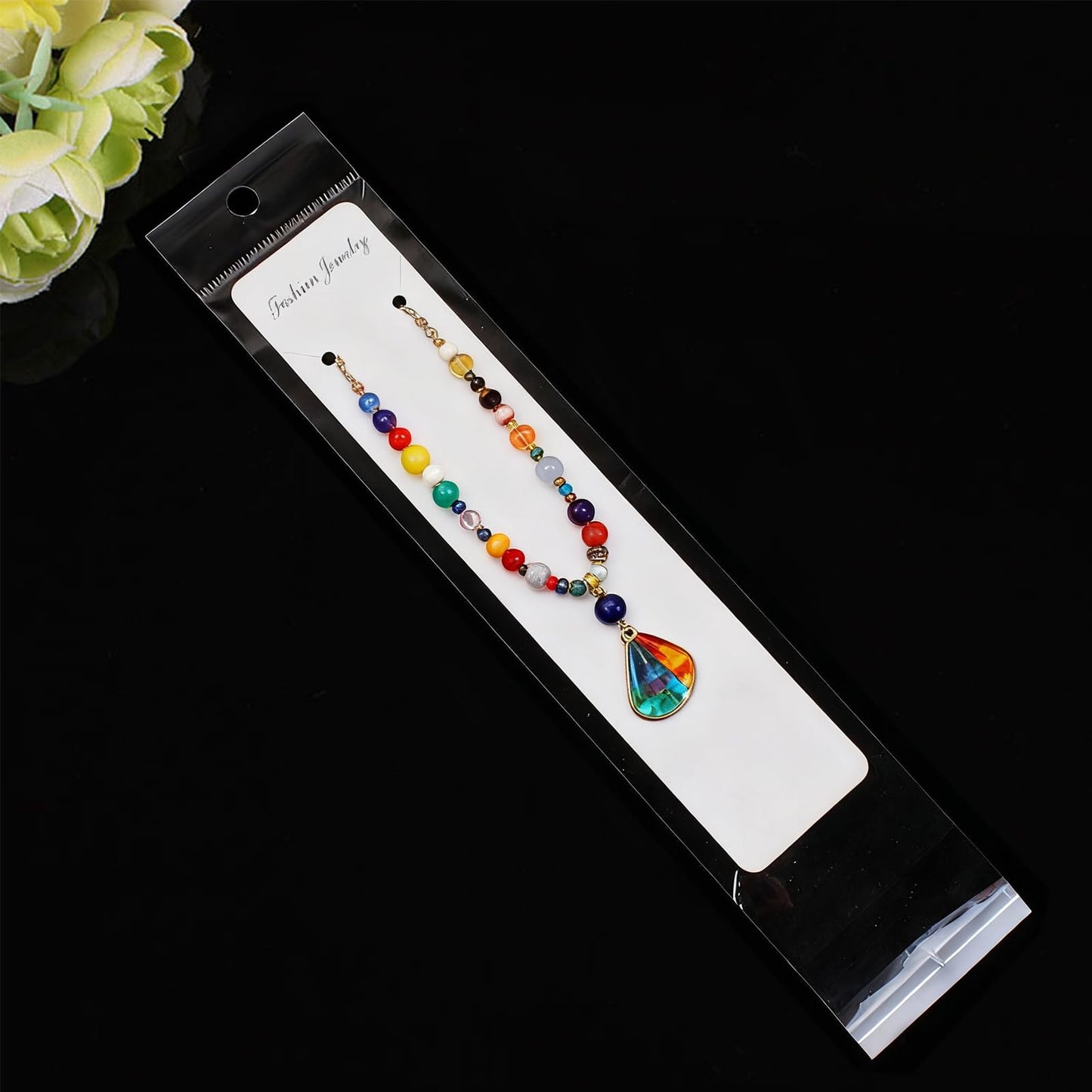 Wzttdm 100 Pcs Necklace Display Card White, 7.5x 1.6 Inch Long Jewelry Holder Cards for Selling, Bracelet Display Cards with Clear Bags for Bracelet Necklace Jewelry Packaging Supplies