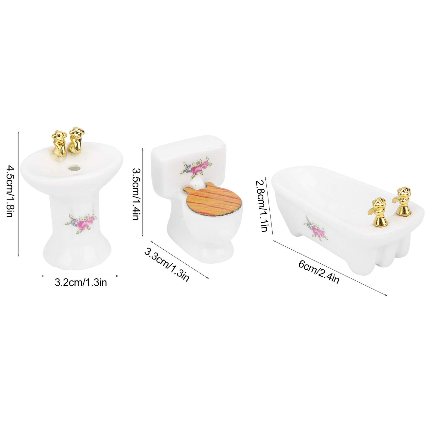 RIZGHWOY 1/24 Dollhouse Miniature Bathroom Set, Ceramic Bathtub Toilet Sink Kit with Exquisite Design, for Doll House Bathroom Scene (Rose)