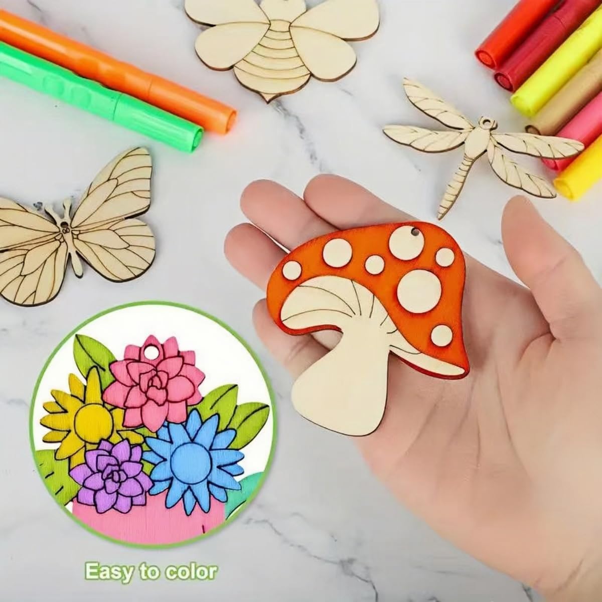 ShaoAngDuoMi 36PCS Paint Your Own Wooden Crafts Kit for Kids – DIY Plant & Insect Wood Shapes with Paint Pens & Stickers, Family Art Activity, Garden Tree Hanging Decorations, Creative Gift